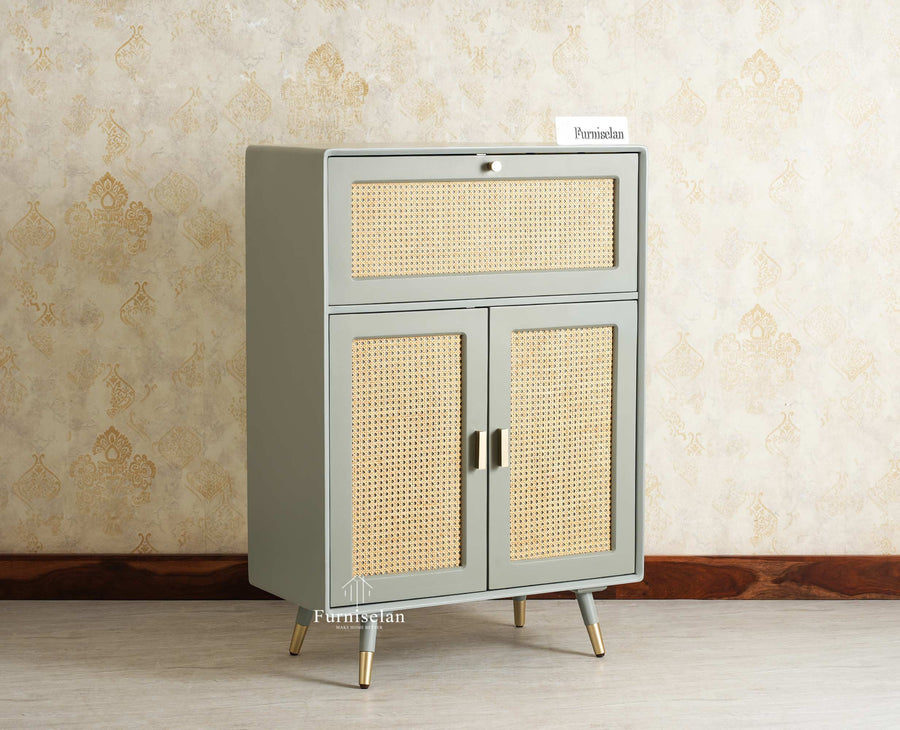 Boston Solid Wood Rattan Cane Bar Cabinet with Glass Holder Storage Multipurpose features Furniselan Cool Grey