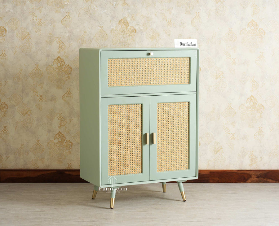 Boston Solid Wood Rattan Cane Bar Cabinet with Glass Holder Storage Multipurpose features Furniselan Silt Green