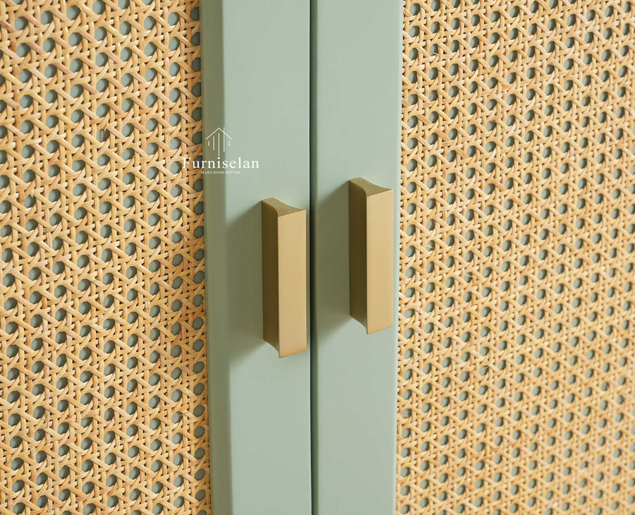 Boston Solid Wood Rattan Cane Bar Cabinet with Glass Holder Storage Multipurpose features Furniselan Silt Green