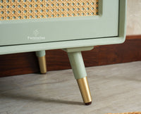 Boston Solid Wood Rattan Cane Bar Cabinet with Glass Holder Storage Multipurpose features Furniselan Silt Green