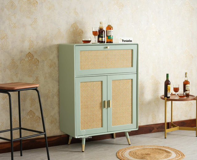 Boston Solid Wood Rattan Cane Bar Cabinet with Glass Holder Storage Multipurpose features Furniselan Silt Green