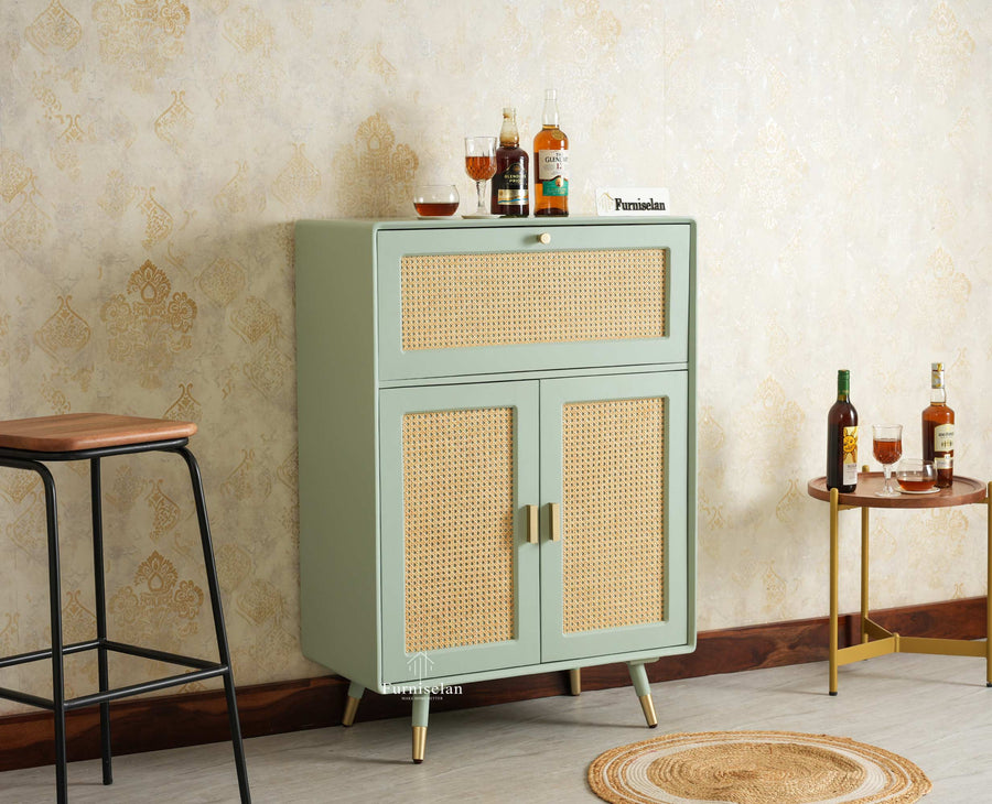 Boston Solid Wood Rattan Cane Bar Cabinet with Glass Holder Storage Multipurpose features Furniselan Silt Green