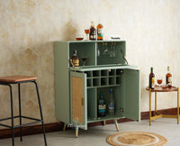 Boston Solid Wood Rattan Cane Bar Cabinet with Glass Holder Storage Multipurpose features Furniselan Silt Green