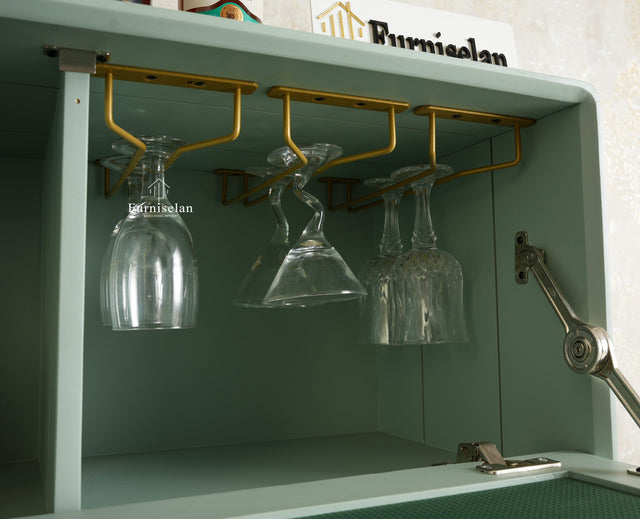 Boston Solid Wood Rattan Cane Bar Cabinet with Glass Holder Storage Multipurpose features Furniselan Silt Green