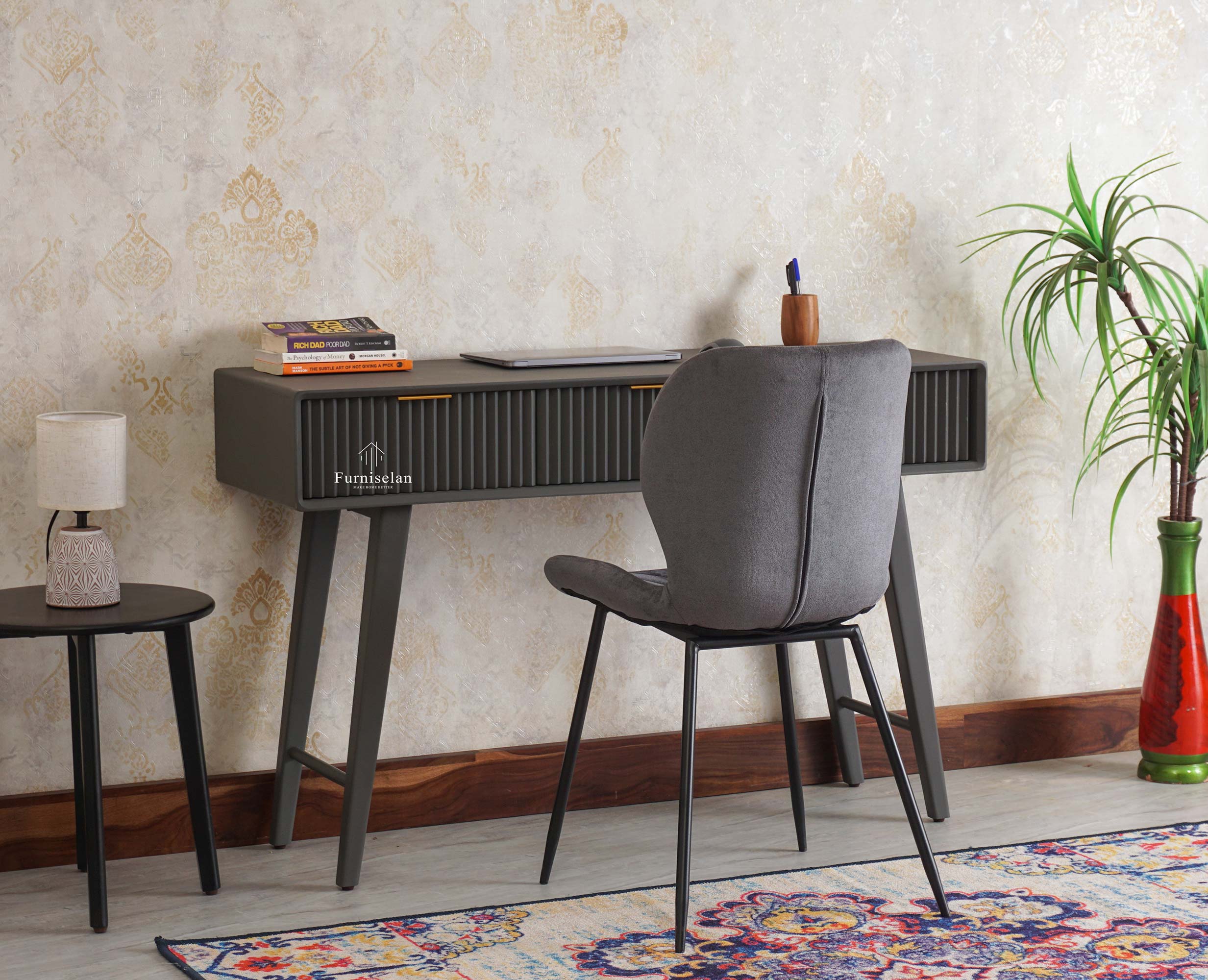 Bengaluru Solid Wood 3 Drawer Study Laptop Table with Chair Furniselan Slate-Grey