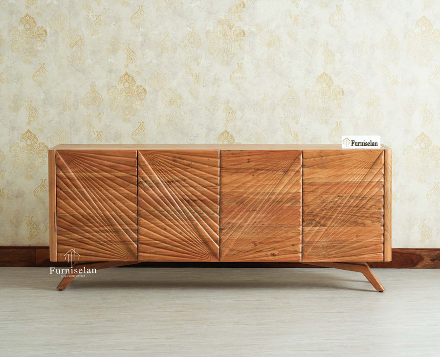 Hebbal Solid Wood Four Doors Sideboard Cabinet Furniselan  Natural FInish
