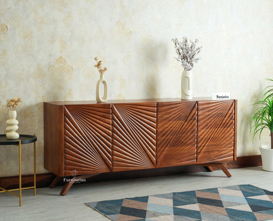 Hebbal Solid Wood Four Doors Sideboard Cabinet Furniselan Brown Finish