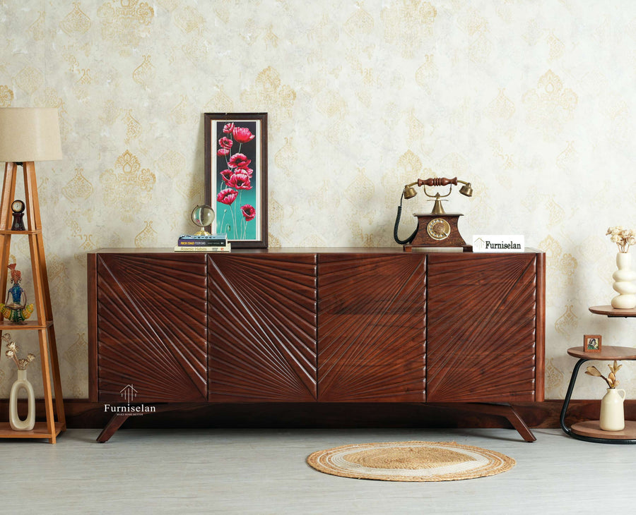Hebbal Solid Wood Four Doors Sideboard Cabinet Furniselan 
Grey Finish