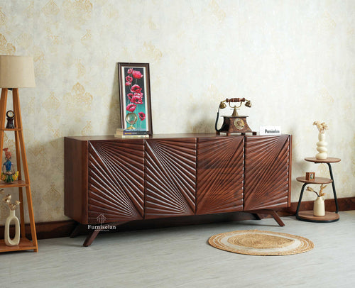 Hebbal Solid Wood Four Doors Sideboard Cabinet Furniselan 
Grey Finish