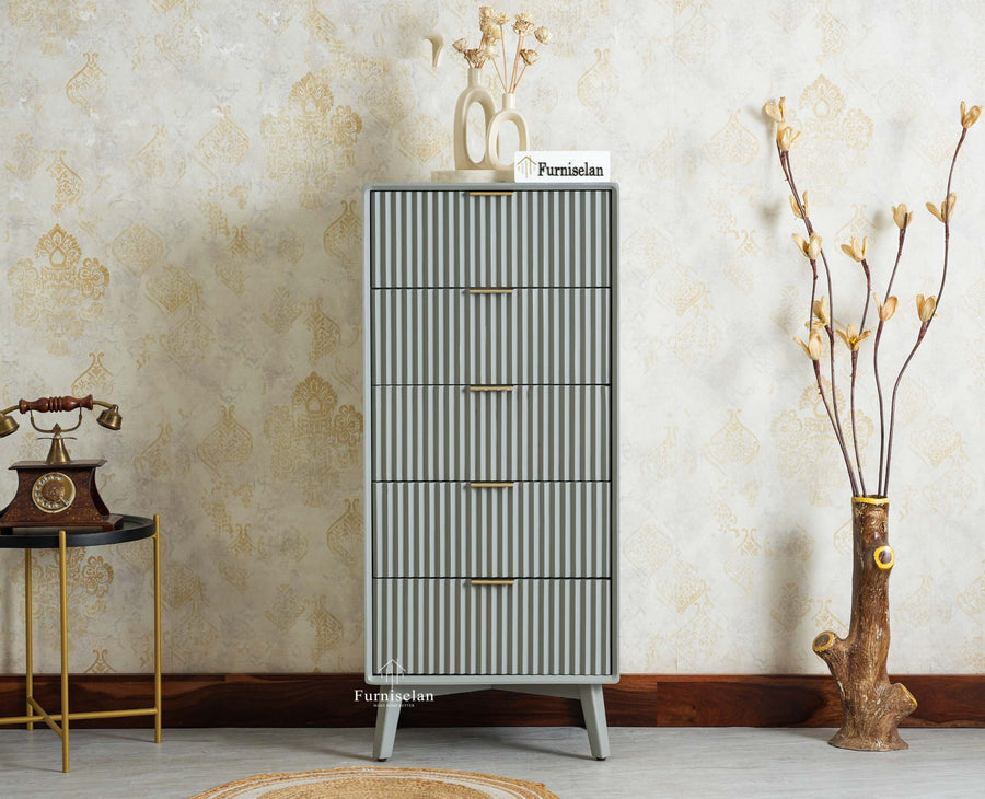 Bengaluru Solid Wood Tall Five Drawer Chest of Drawers Furniselan Cool Grey