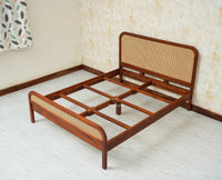 Milano Rattan Headboard Wooden Queen Size Bed Brown Finish
