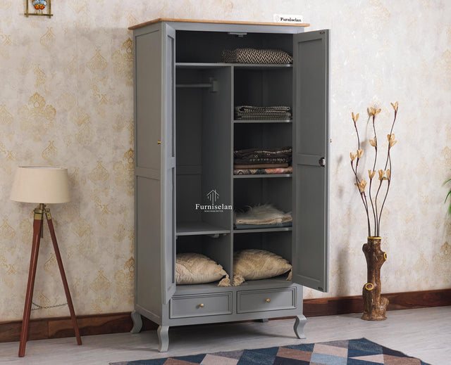 Mumbai Solid Wood Two Door Wardrobe Furniselan Cool Grey