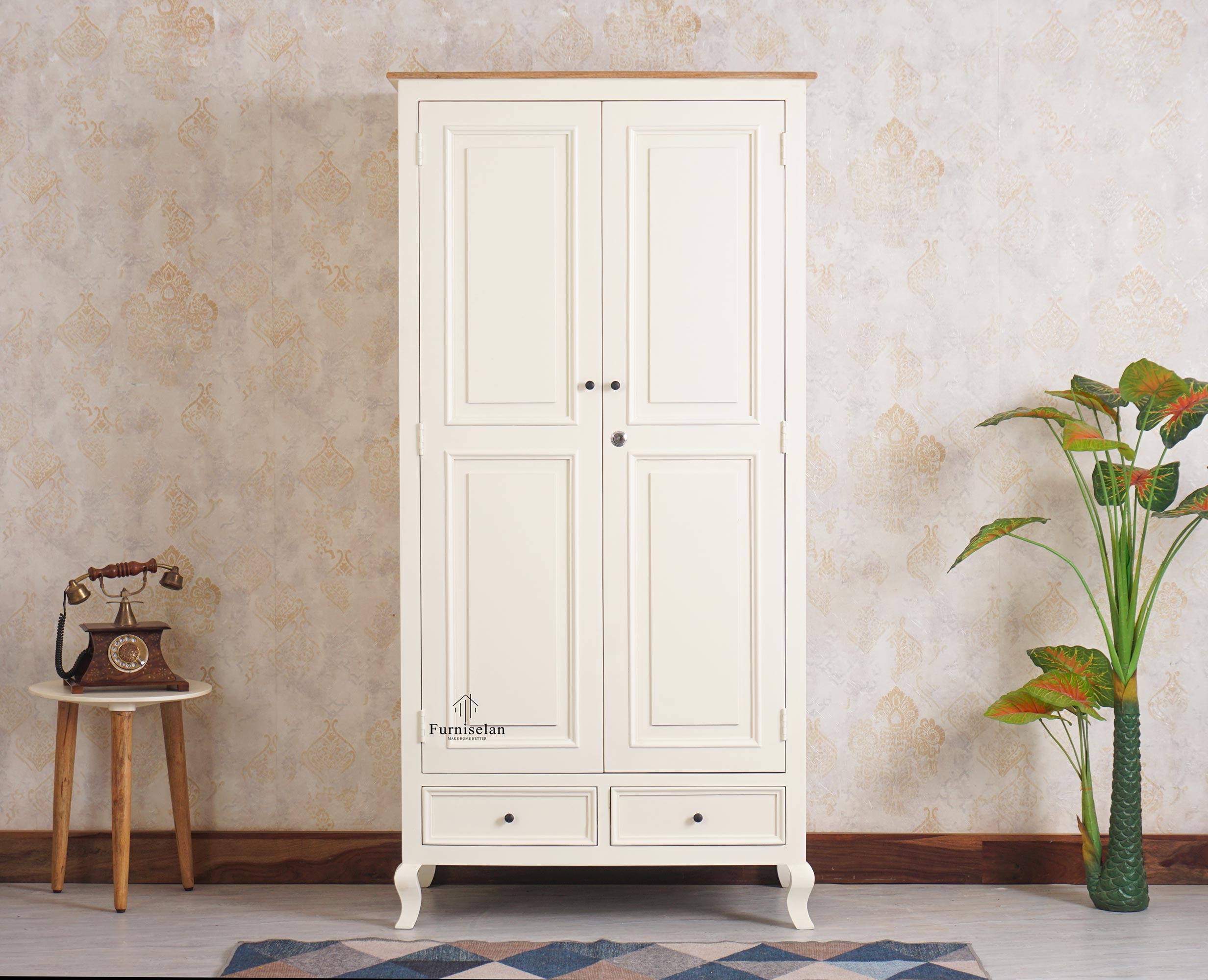 Mumbai Solid Wood Two Door Wardrobe Furniselan Frosty White