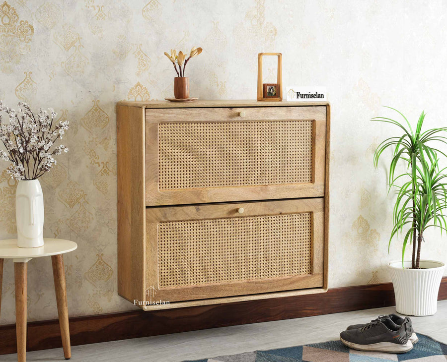 Boston Wooden Wall Hung Shoe Rack Cabinet Flip-Down Doors Natural Finish