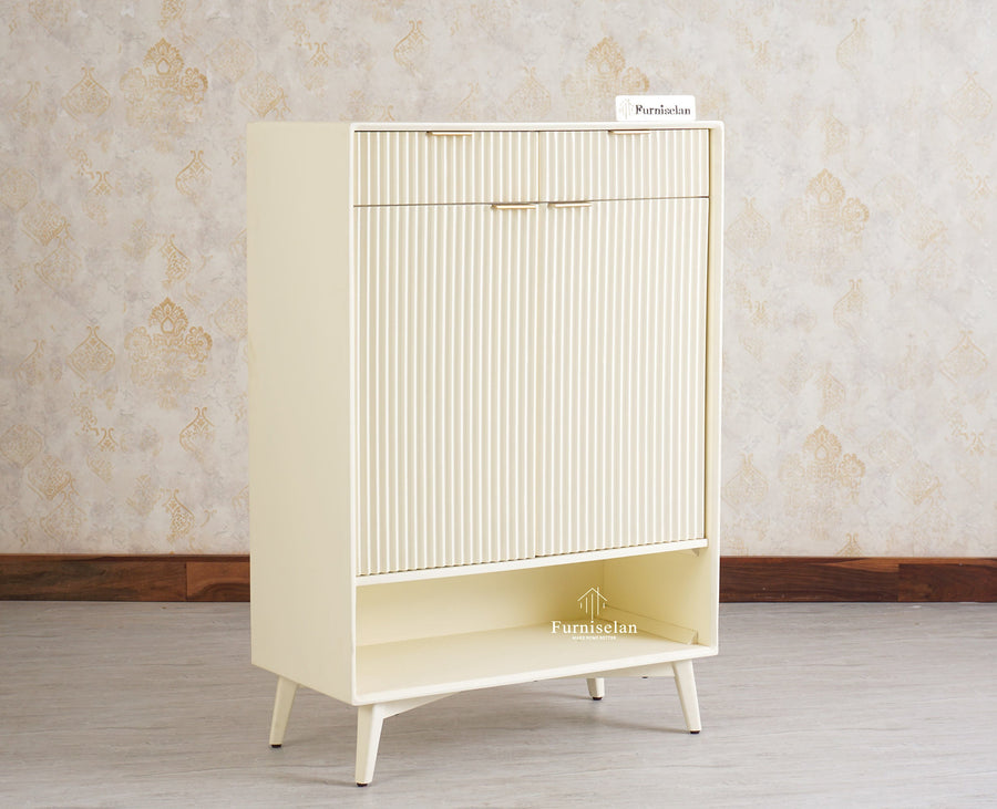 Bengaluru Solid Wood Shoe Rack Cabinet Two Doors and Drawers With Open Storage Furniselan Frosty White