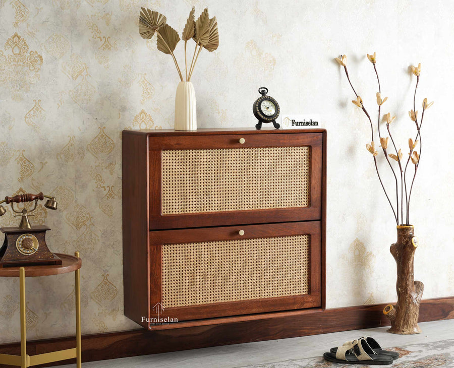 Boston Wooden Wall Hung Shoe Rack Cabinet Flip-Down Doors Brown Finish
