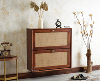 Boston Wooden Wall Hung Shoe Rack Cabinet Flip-Down Doors Brown Finish