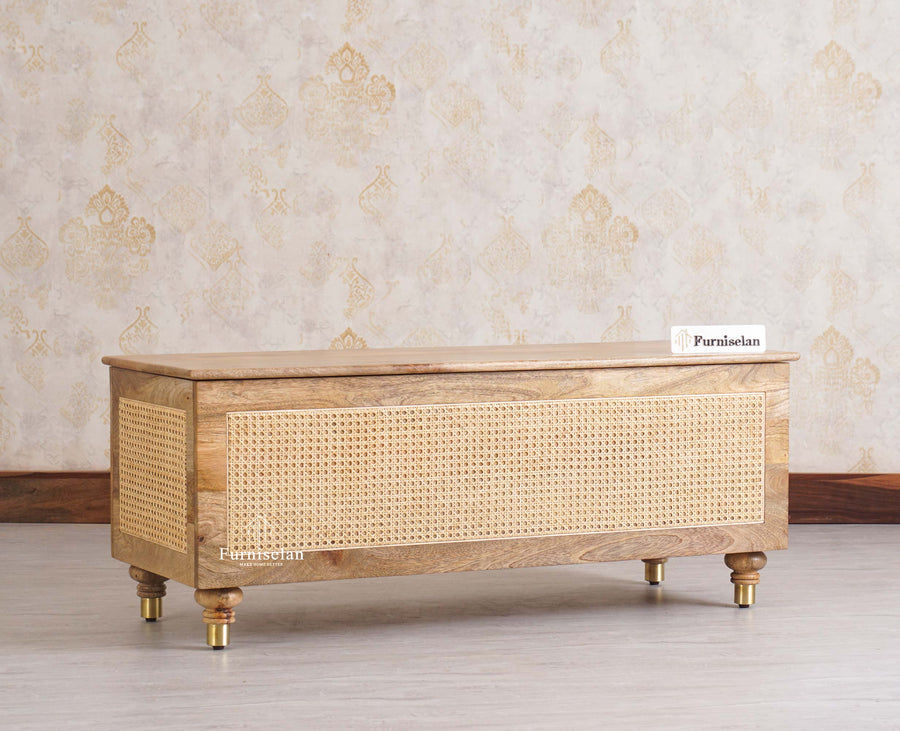 Boston Solid Wood Rattan Storage Trunk Box Furniselan Natural Finish