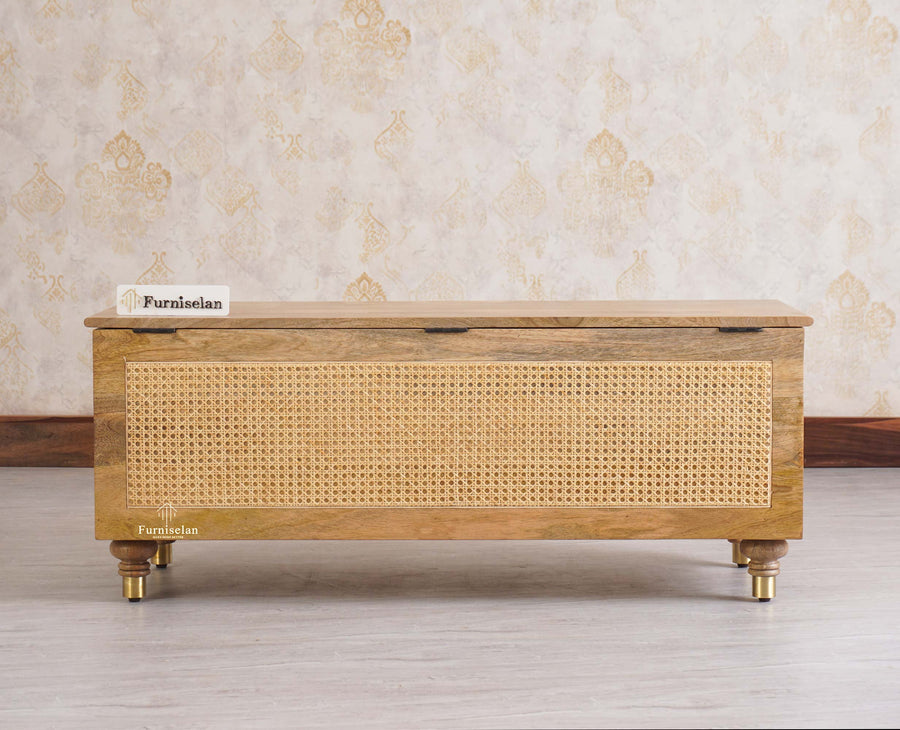 Boston Solid Wood Rattan Storage Trunk Box Furniselan Natural Finish
