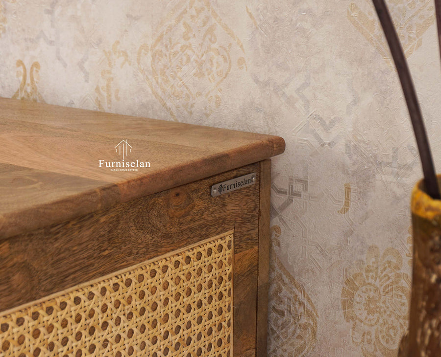 Boston Solid Wood Rattan Storage Trunk Box Furniselan Natural Finish