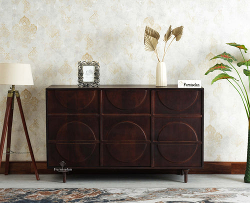 Horniman Circle Solid Wood Three Door Sideboard Cabinet Furniselan Grey Finish
