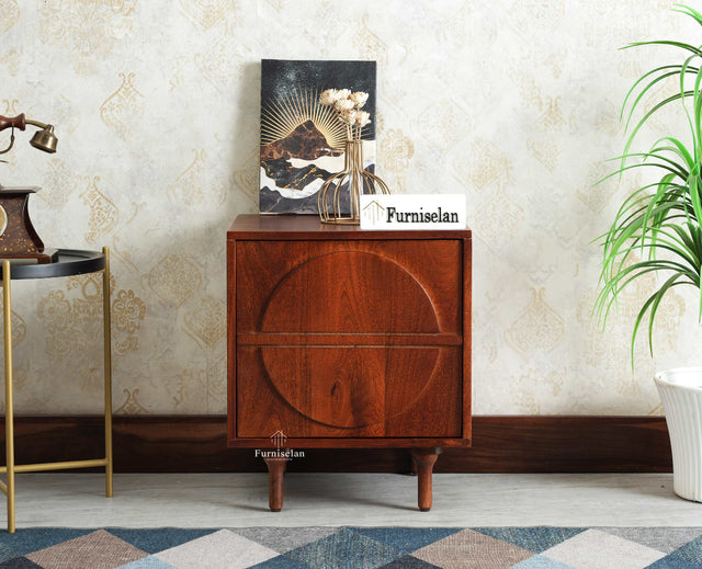 Horniman Circle Wooden One Door Bedside Table Nightstand Brown Finish
