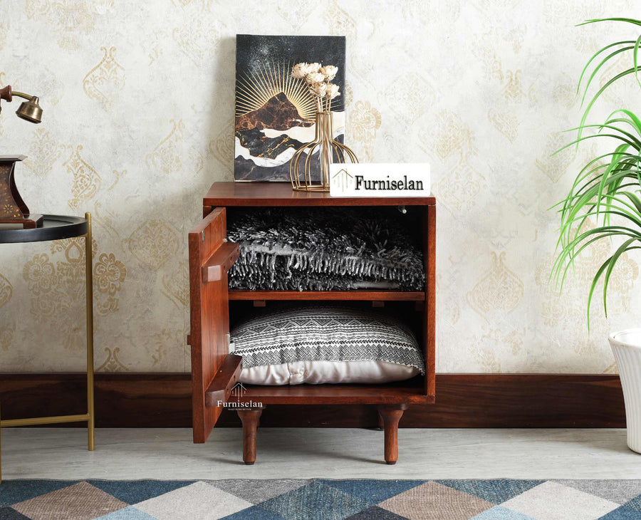 Horniman Circle Wooden One Door Bedside Table Nightstand Brown Finish