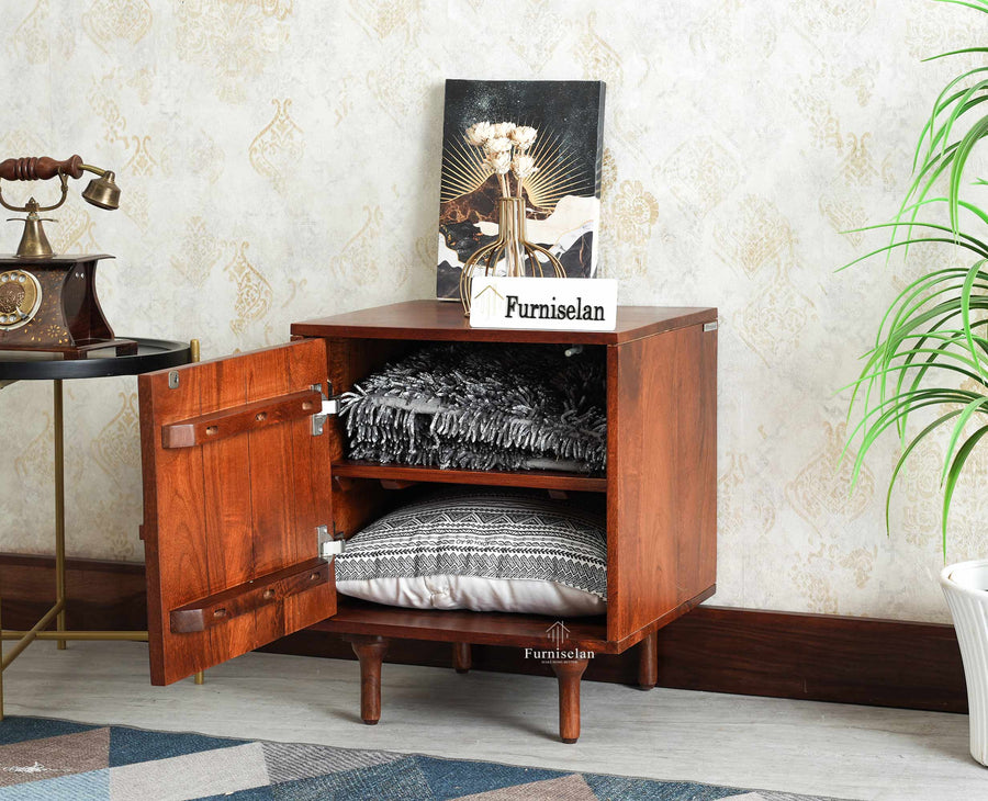 Horniman Circle Wooden One Door Bedside Table Nightstand Brown Finish