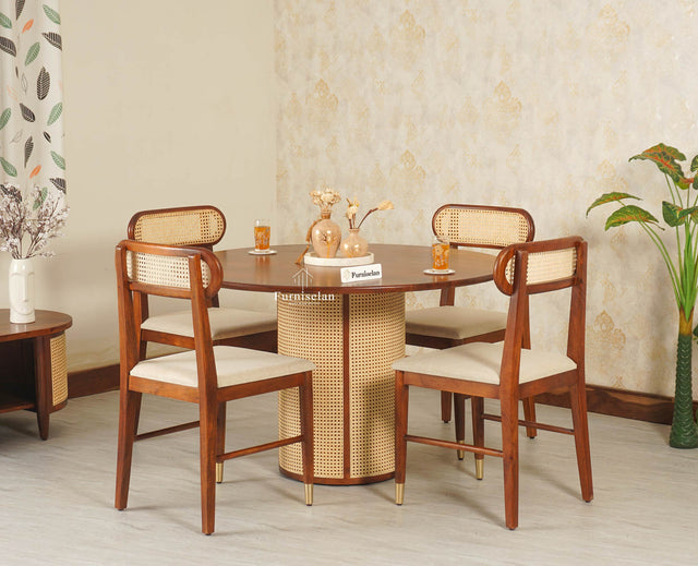 Boston Loop Solid Wood Round Four Seater Dining Set Furniselan Brown Finish
