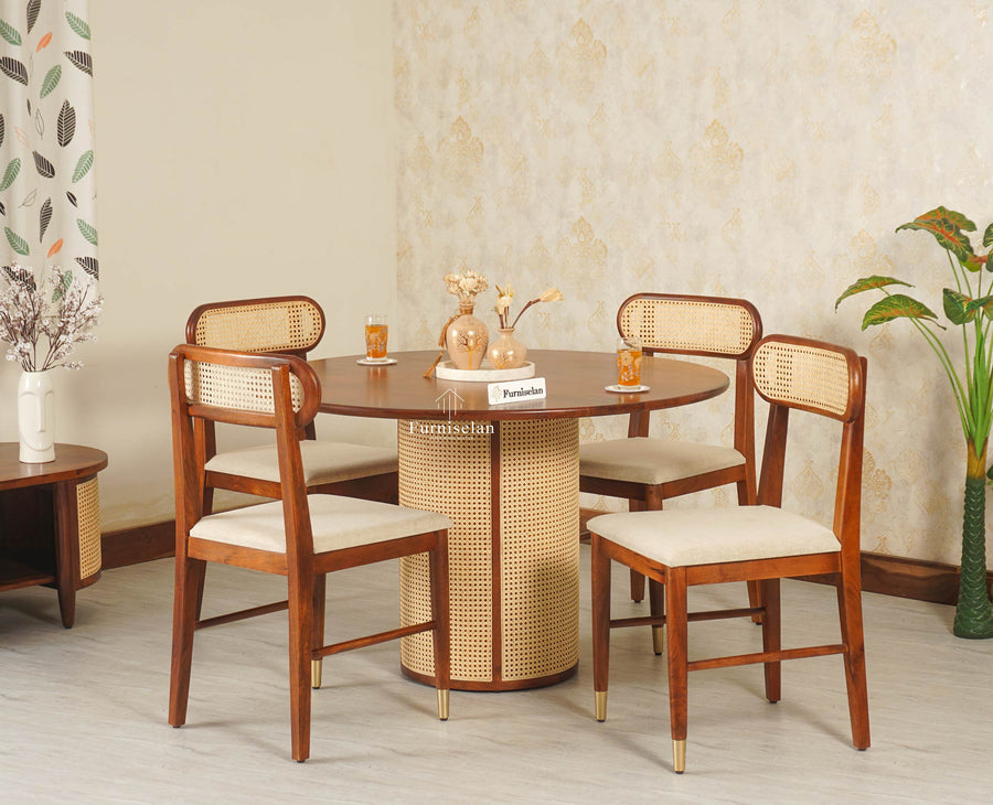 Boston Loop Solid Wood Round Four Seater Dining Set Furniselan Brown Finish