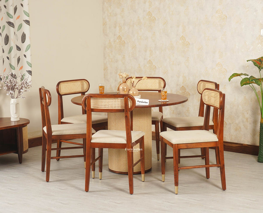 Boston Loop Solid Wood Round Six Seater Dining Set - Dining Set - Furniselan Brown Finish