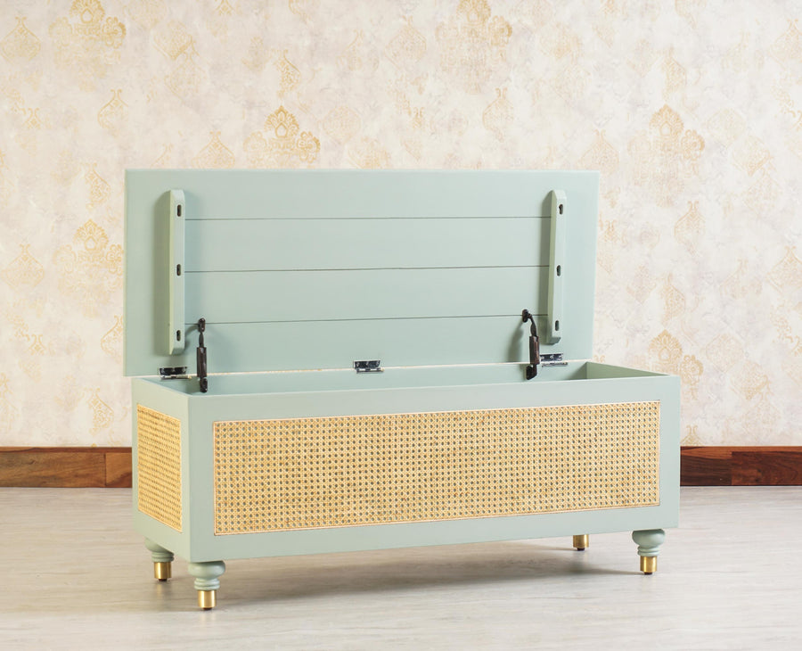 Boston Solid Wood Rattan Storage Trunk Box - Trunks & Cabinets - Furniselan Silt-Green