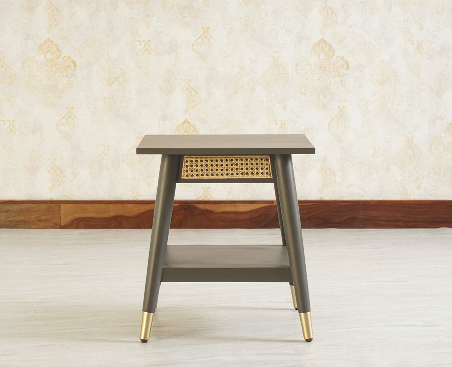 Boston Solid Wood Rattan Cane End Table Furniselan Slate-Grey