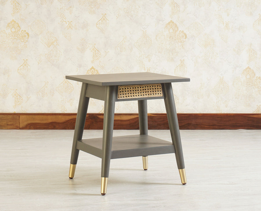Boston Solid Wood Rattan Cane End Table Furniselan Slate-Grey