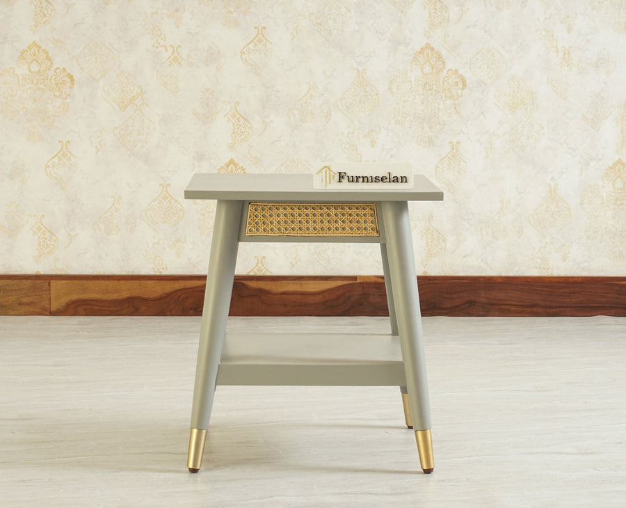 Boston Solid Wood Rattan Cane End Table Furniselan Cool-Grey