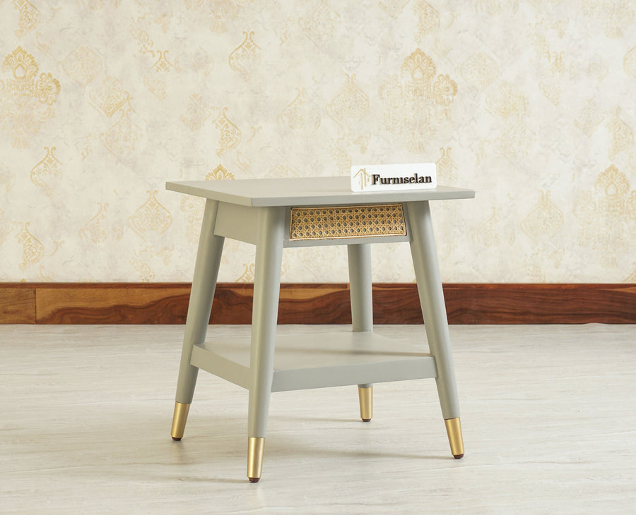 Boston Solid Wood Rattan Cane End Table Furniselan Cool-Grey