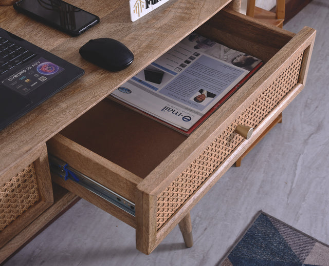 Boston Solid Wood Rattan Cane Study Laptop Table with Two Drawer Furniselan- Natural Finish