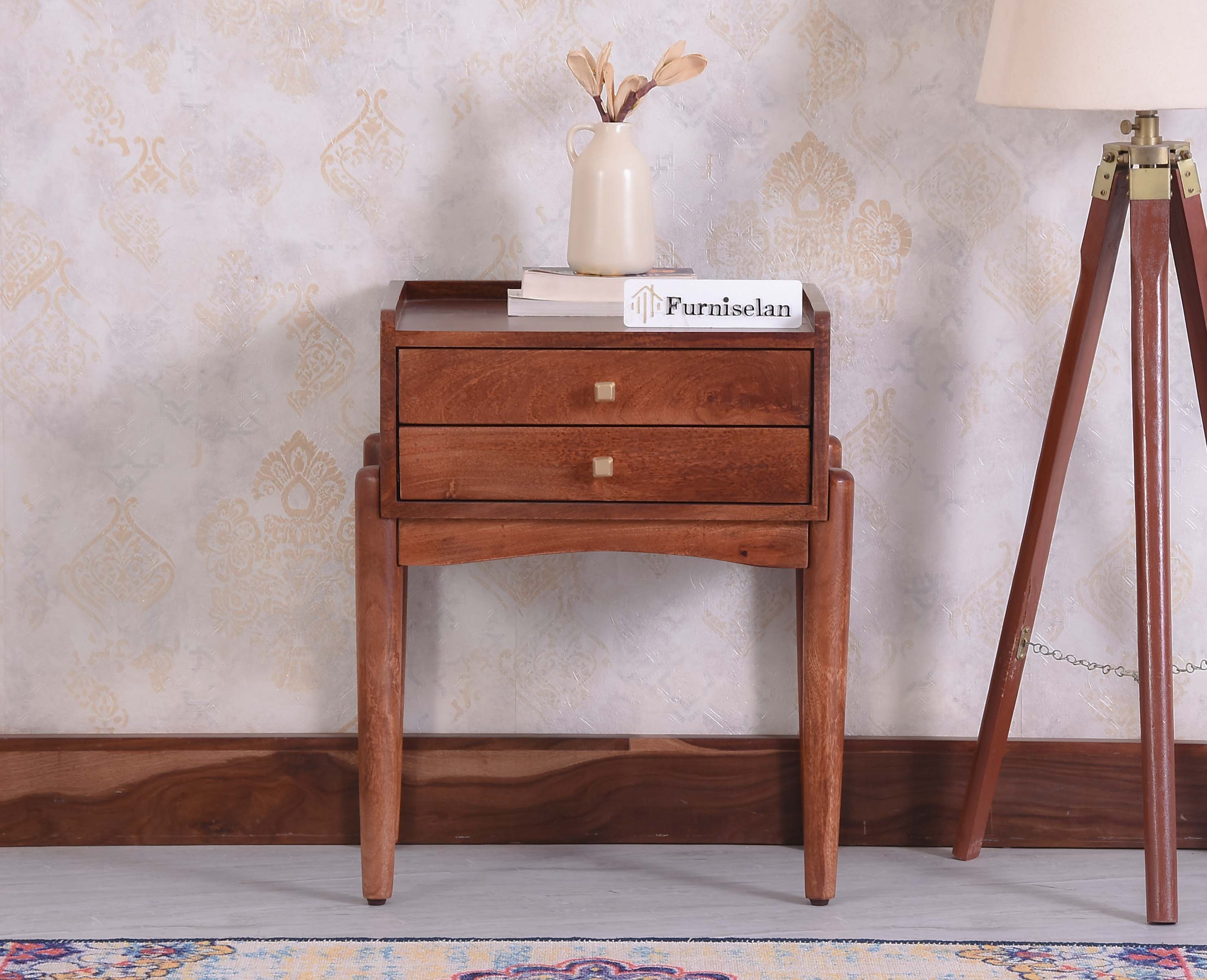 Wellington Solid Wood Two Drawer Side Table Furniselan Brown Finish