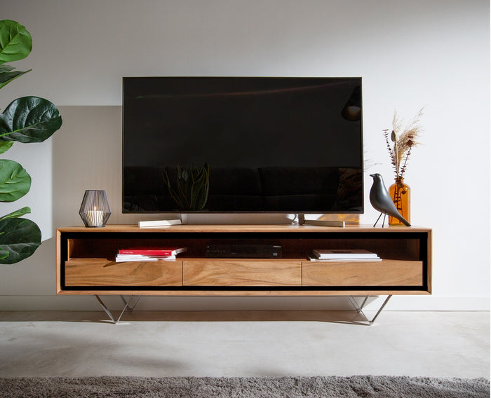 Tokyo Solid Wood Three Drawer Tv Cabinet in Natural Teak Finish Furniselan