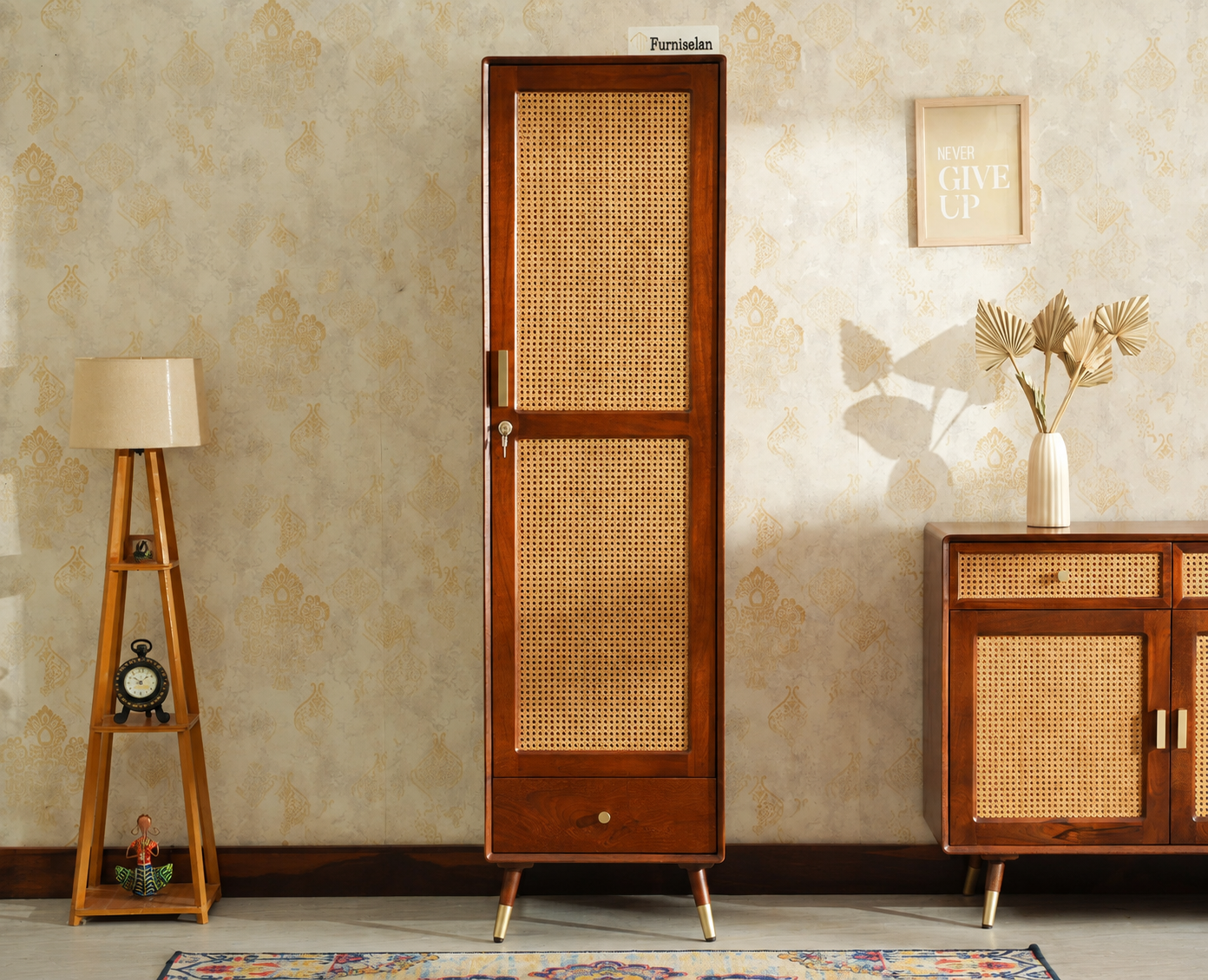 Boston Solid Wood Rattan Cane Single Door Wardrobe - Wardrobes & Cabinets - Furniselan--brown Finish