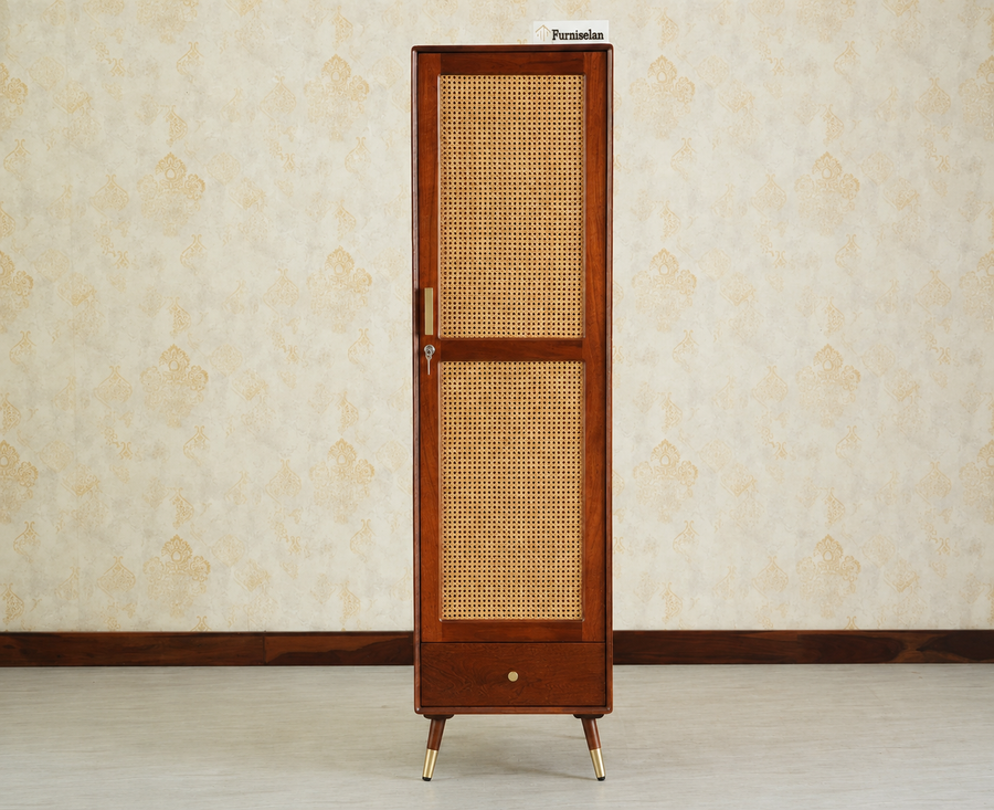 Boston Solid Wood Rattan Cane Single Door Wardrobe - Wardrobes & Cabinets - Furniselan--brown Finish