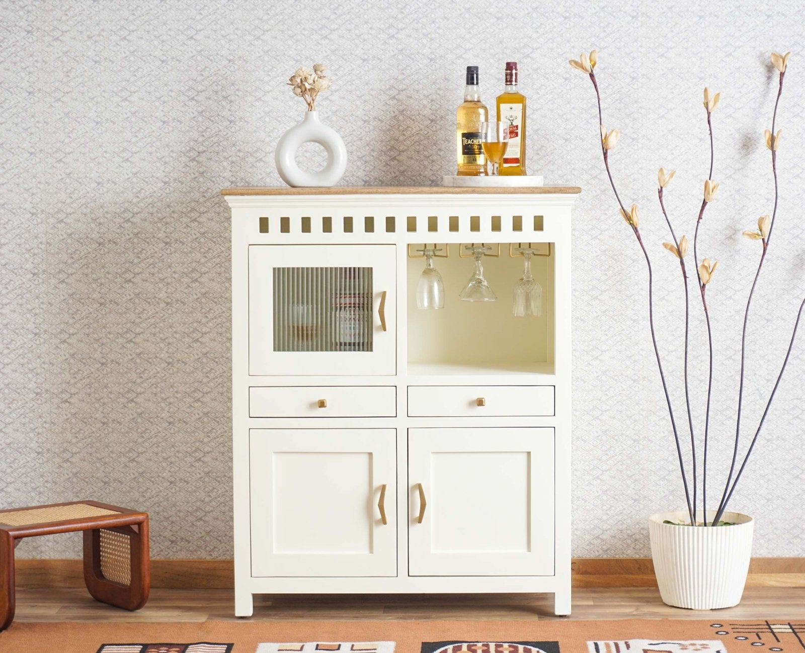 Alexandria Solid Wood Bar Cabinet Furniselan Milky-White
