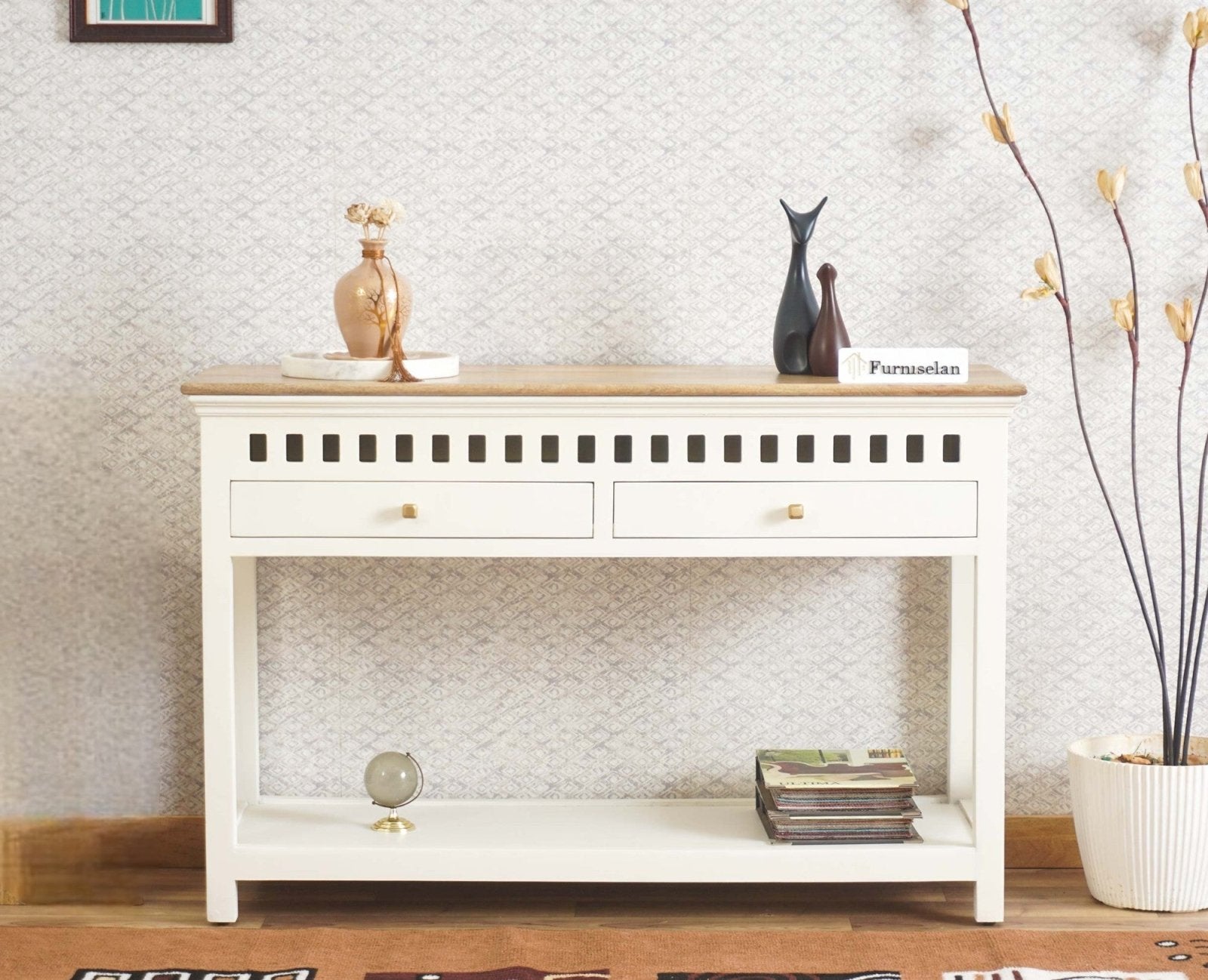 Alexandria Solid Wood Console Table-Two Drawer Furniselan Milky-White