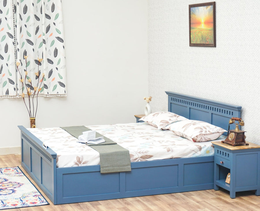 Alexandria Solid Wood King Size Bed with Storage Box - Furniselan China-Blue