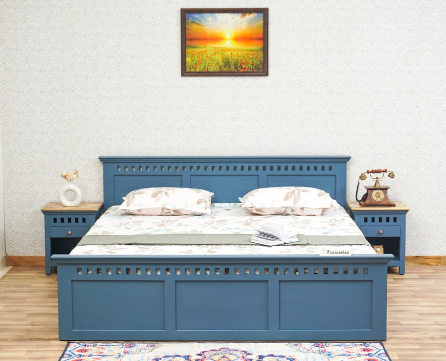Alexandria Solid Wood King Size Bed with Storage Box - Furniselan China-Blue 