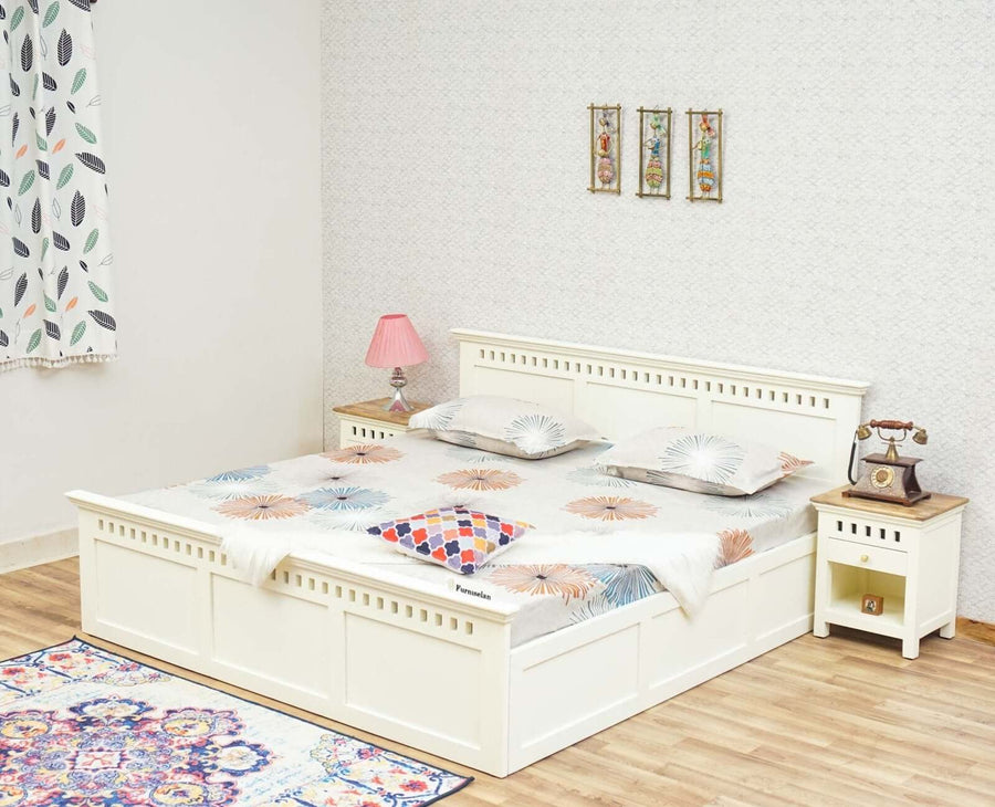 Alexandria Solid Wood King Size Bed with Storage Box - Furniselan - Frosty White