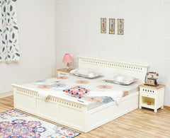 Alexandria Solid Wood King Size Bed with Storage Box - Furniselan Milky-White