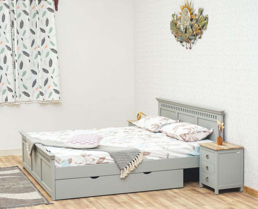 Alexandria Solid Wood King Size Bed with Storage Drawer - Furniselan Cool-Grey