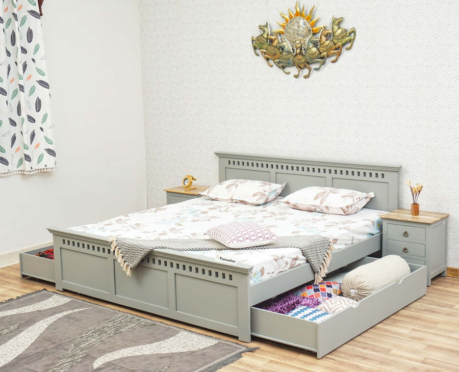 Alexandria Solid Wood King Size Bed with Storage Drawer - Furniselan Cool-Grey