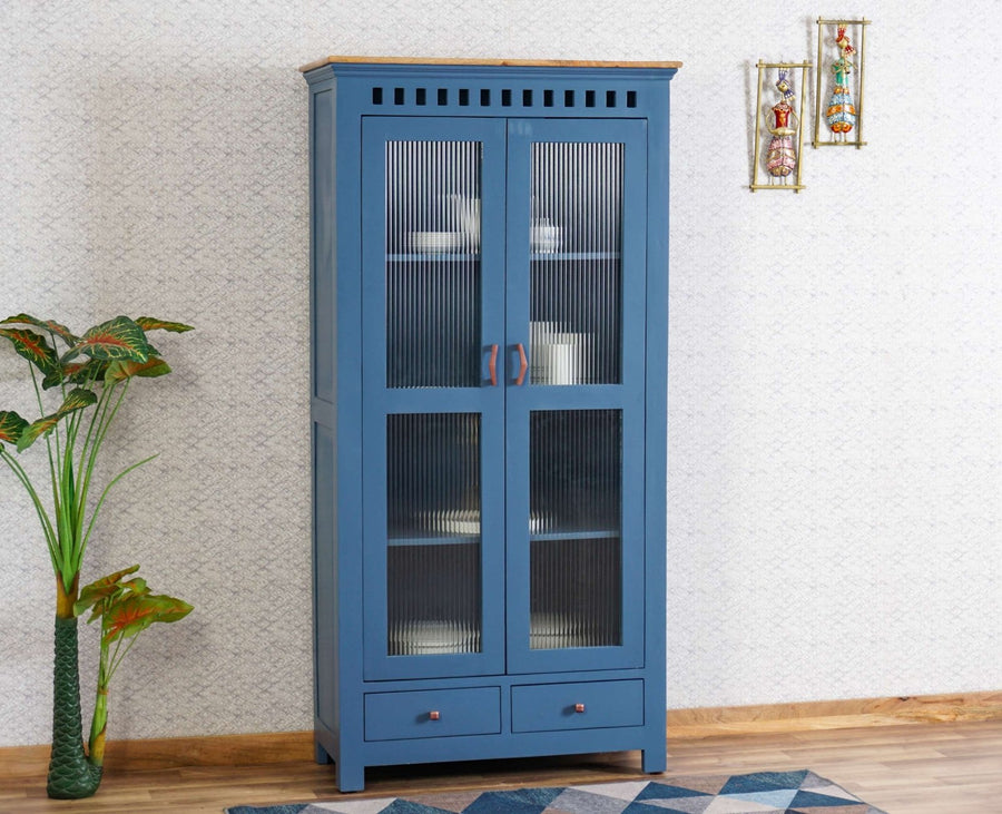 Alexandria Solid Wood Kitchen Crockery Cabinet Two Door Two Drawers Furniselan China-Blue